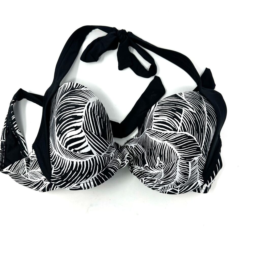 Calvin Klein Size M Tie Strap Swimsuit Top Black White Palm Leaf Print Beachwear
